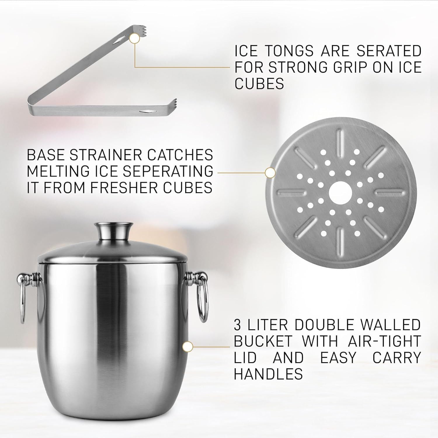 Ice Bucket With Lid, Strainer and Tongs