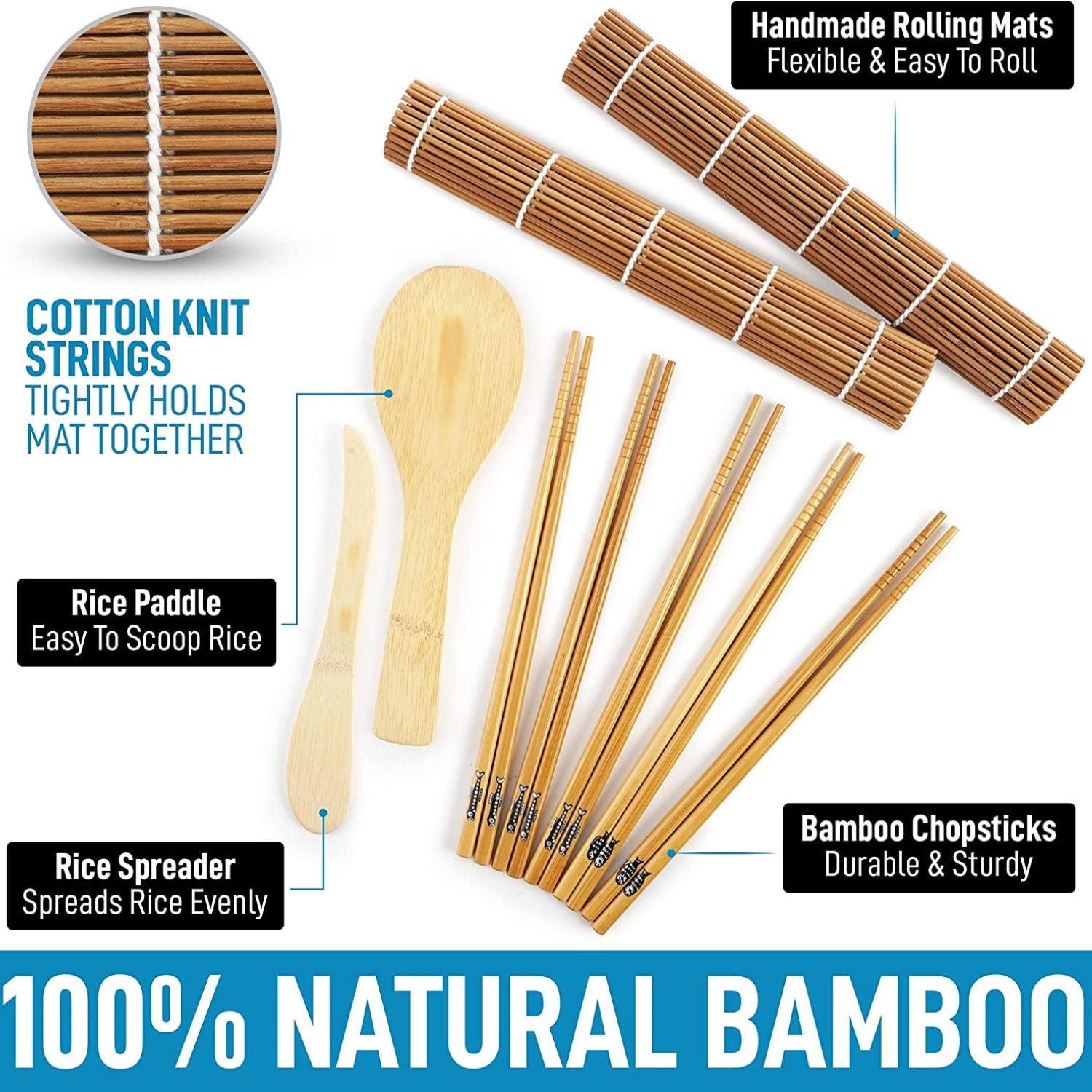 Bamboo Sushi Making Kit with 2 Sushi Rolling Mats, 5 Pairs of Reusable  Bamboo Chopsticks, 1 Rice Paddle and 1 Spreader - Beginner Sushi Kit