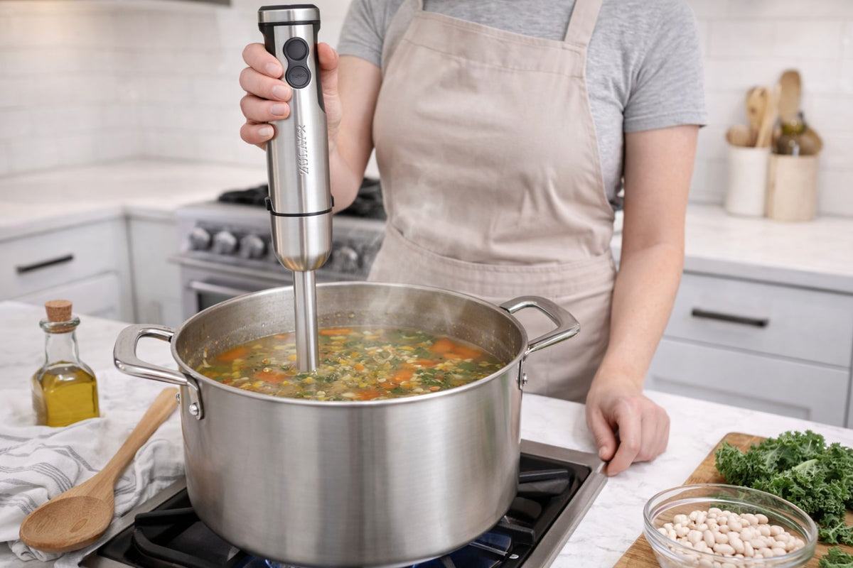 Person using the Zulay Kitchen 3-in-1 Immersion Blender in a pot of soup on a stove