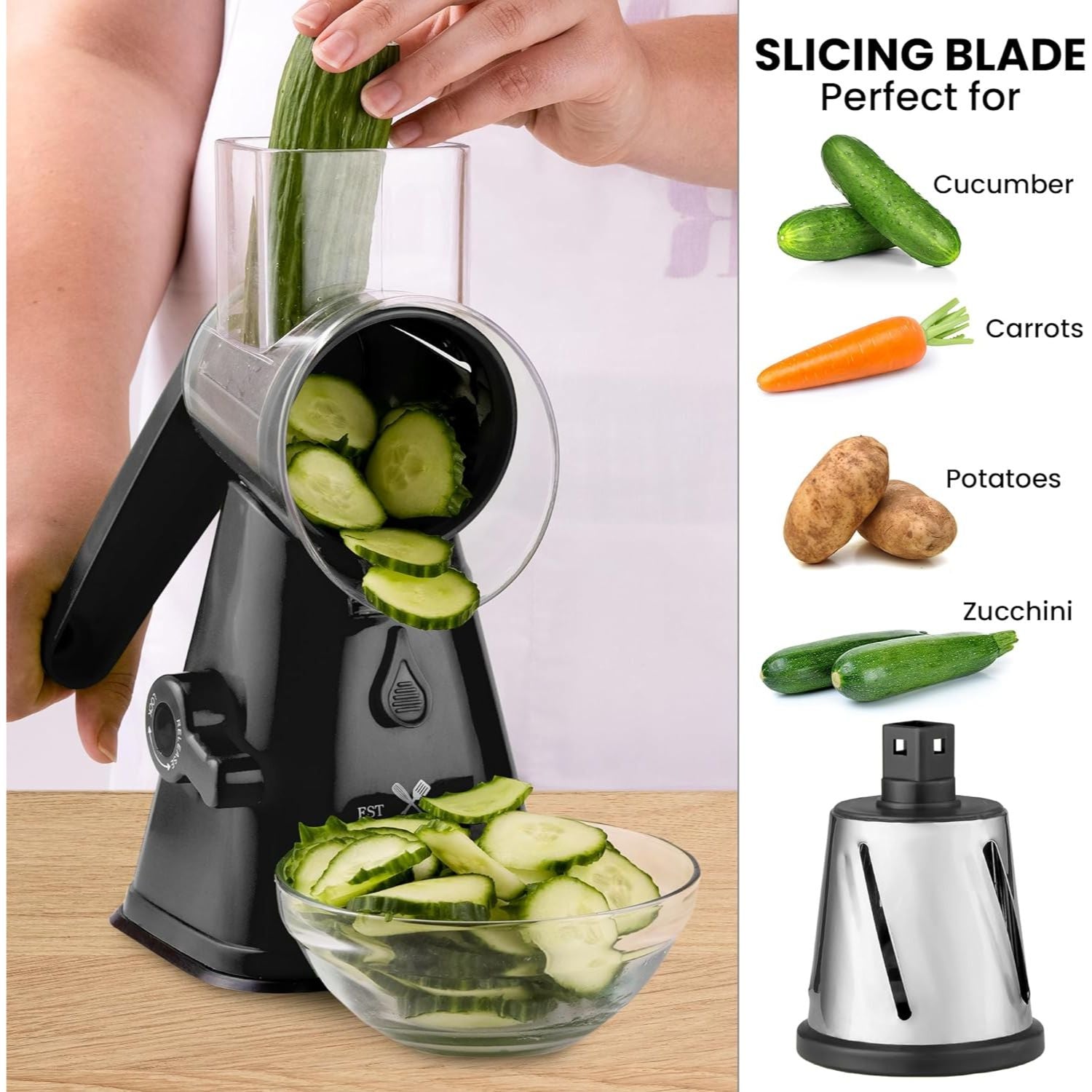 Home Rotary Cheese Grater, 3 in 1 Multi-functional Handheld Vegetables  Slicer Cheese Shredder with Rubber Suction Base, 3 Stainless Drum Blades