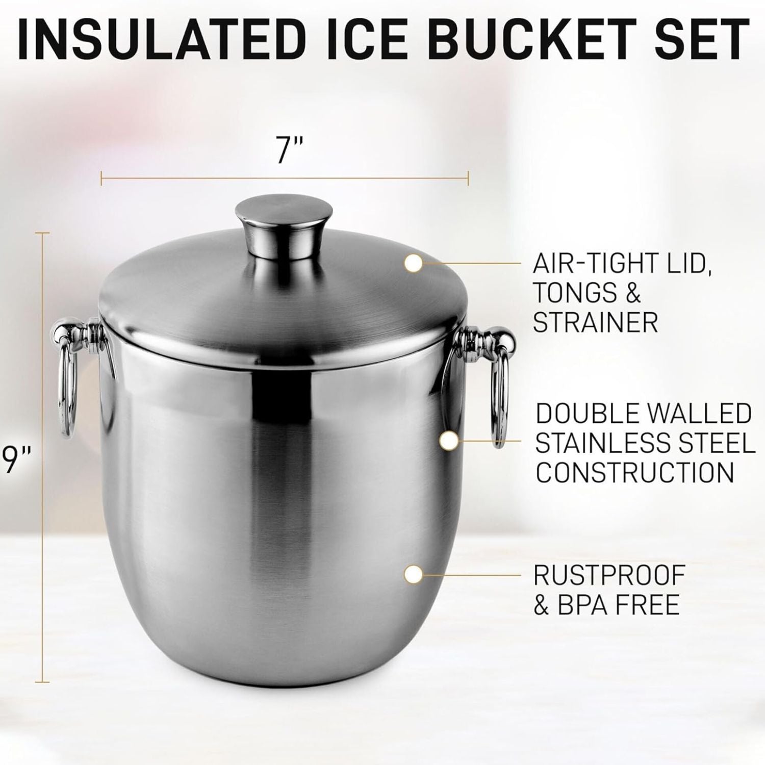 Ice Bucket With Lid, Strainer and Tongs