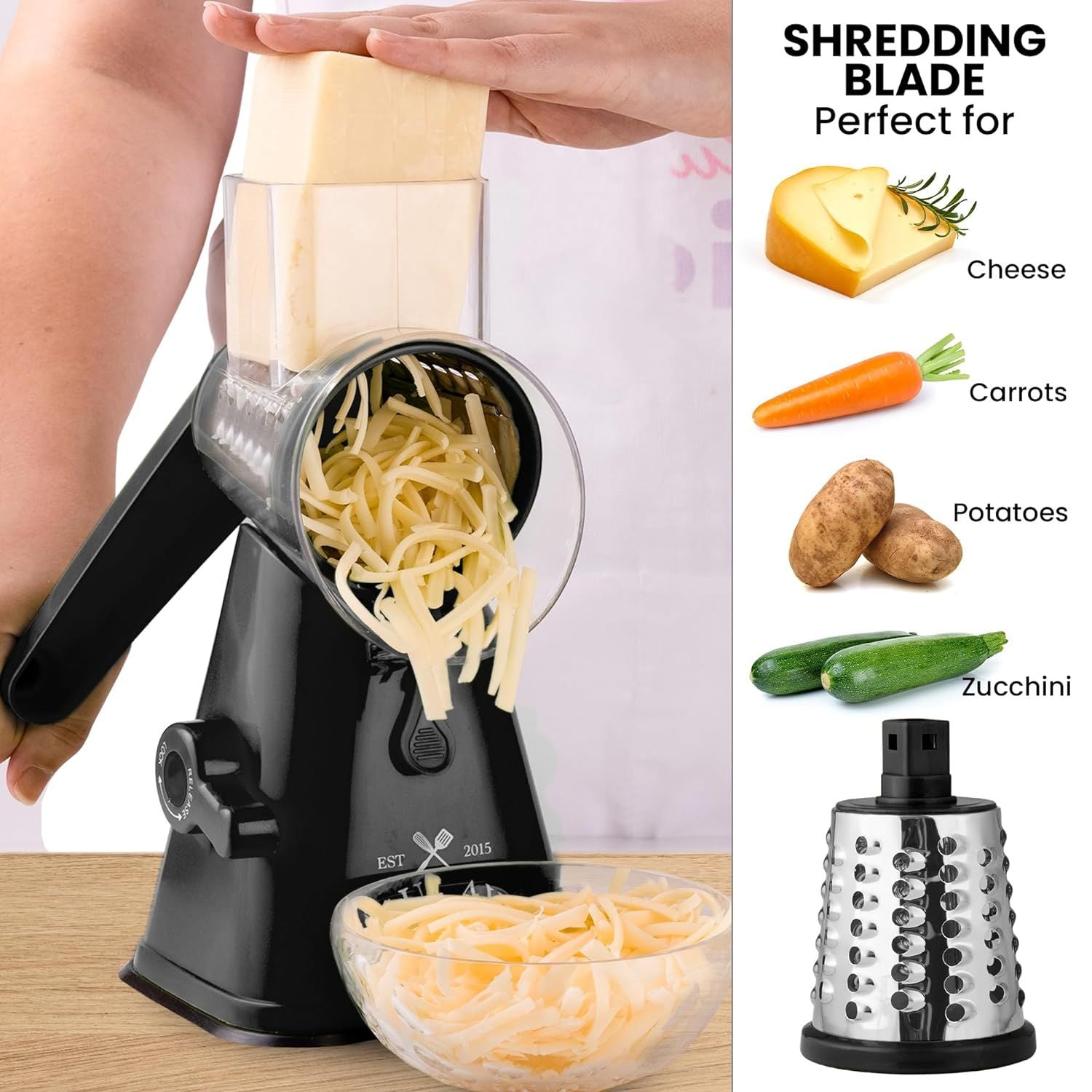 KEOUKE Rotary Cheese Grater with Handle Vegetable Cheese Shredder Slicer  Grater for Kitchen 3 Changeable Blades for Cheese Potato Zucchini Nuts
