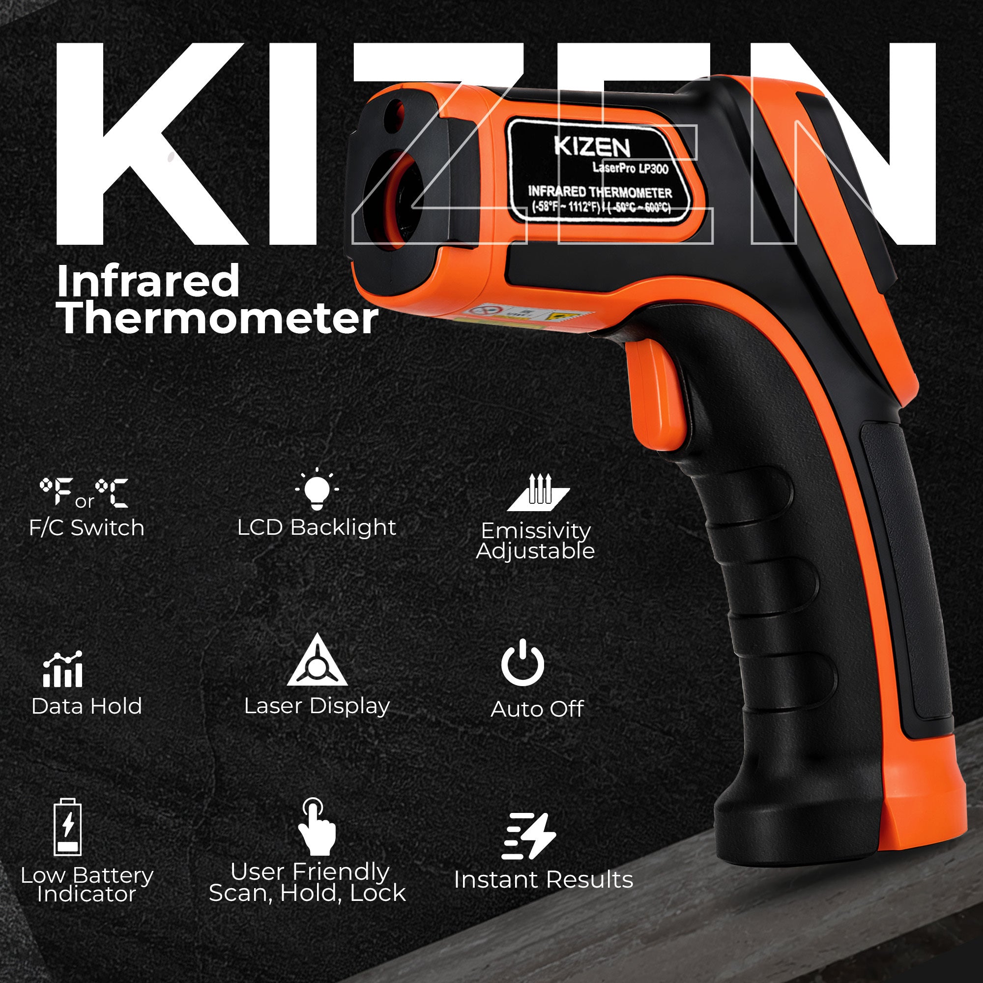 Infrared Thermometer with Emissivity Adjustment Feature and Kizen Emissivity Table 