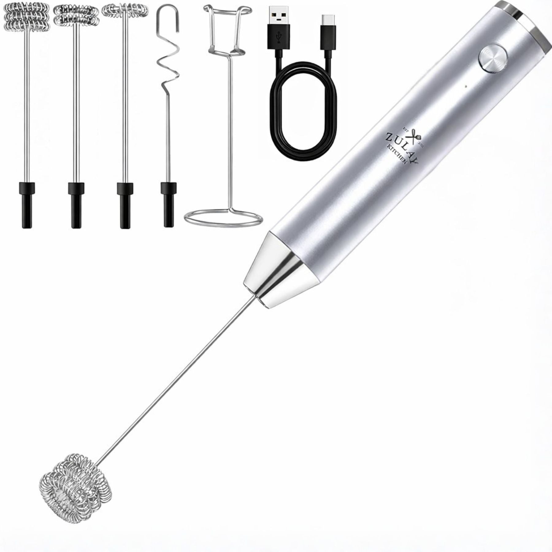 LUX™ Handheld Milk Frother – Rechargeable, 4 Whisks (Silver) by Zulay Kitchen