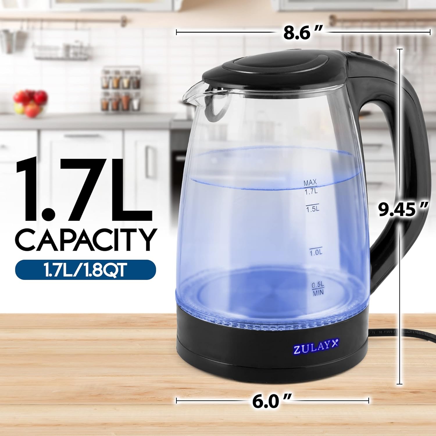 Electric Kettle, 1.7L Glass Boiler Electric Tea Kettle with Blue LED  Indicator