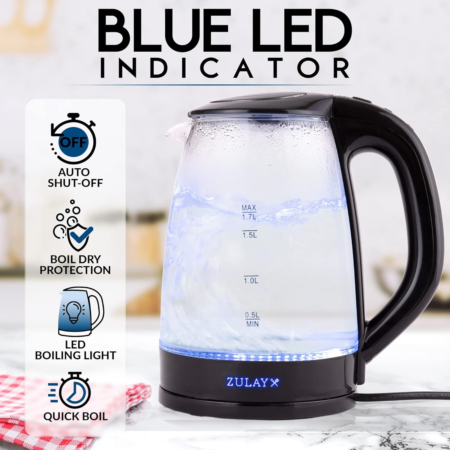 Zulay Kitchen 1.7L Glass Electric Kettle With Blue LED Light