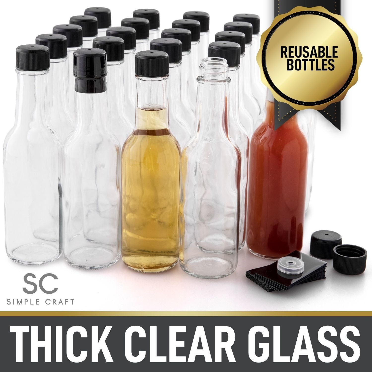Glass Bottles, 5 oz Clear Glass Hot Sauce Woozy Bottles with Lids
