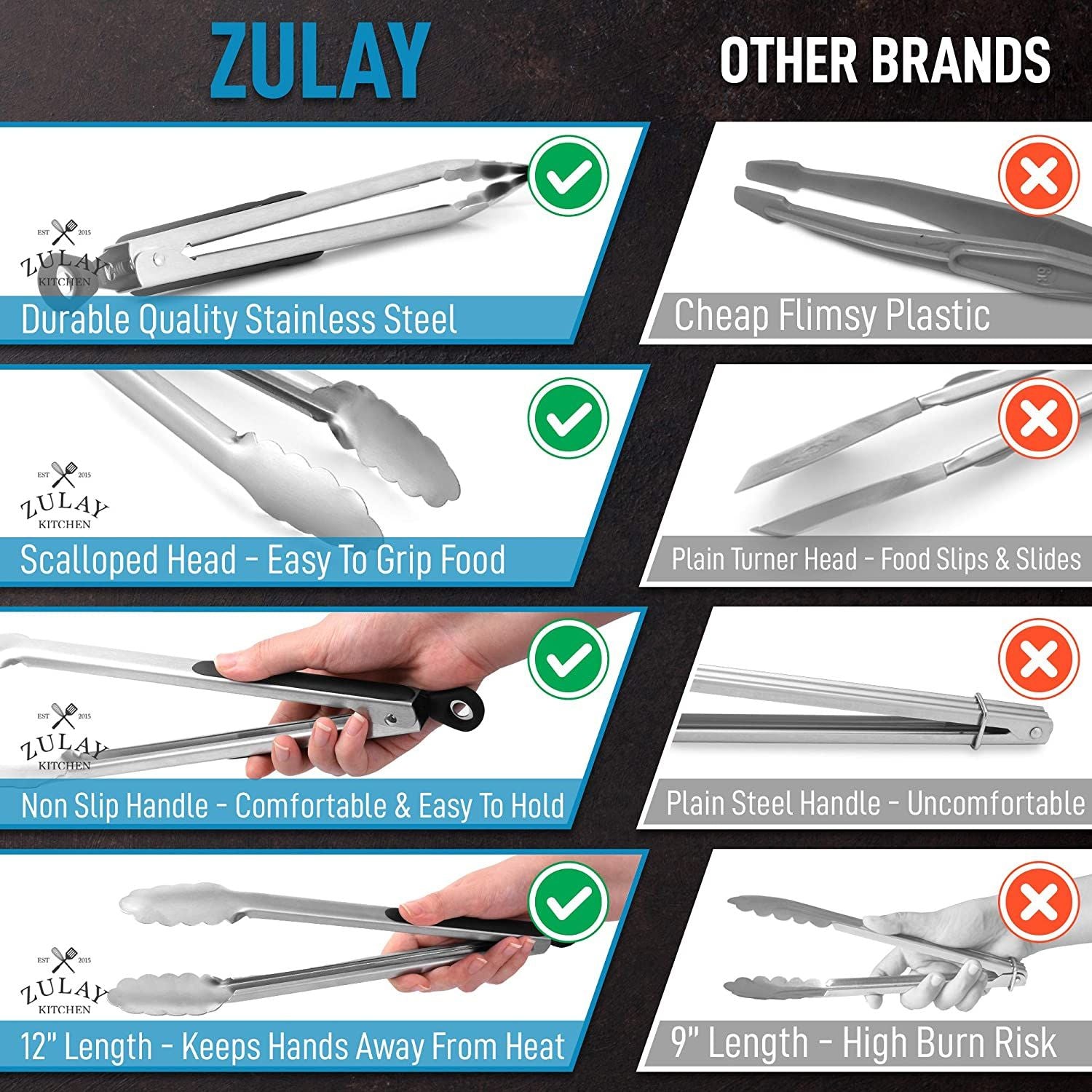 Zulay 2 Pack 9 inch & 12 inch Tongs for Cooking with Silicone Tips - Stainless Steel Kitchen Tongs with Lock Mechanism - Silver - Red