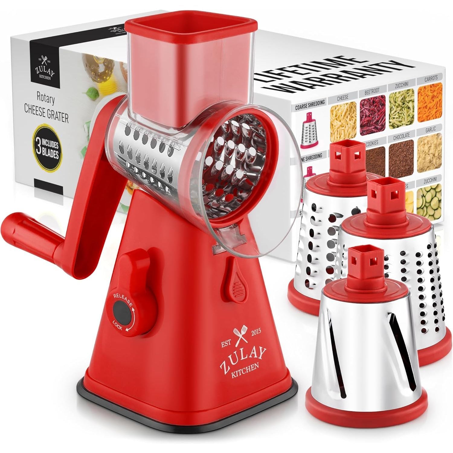 Zulay Kitchen Manual Rotary Cheese Grater with Handle - Red, 1
