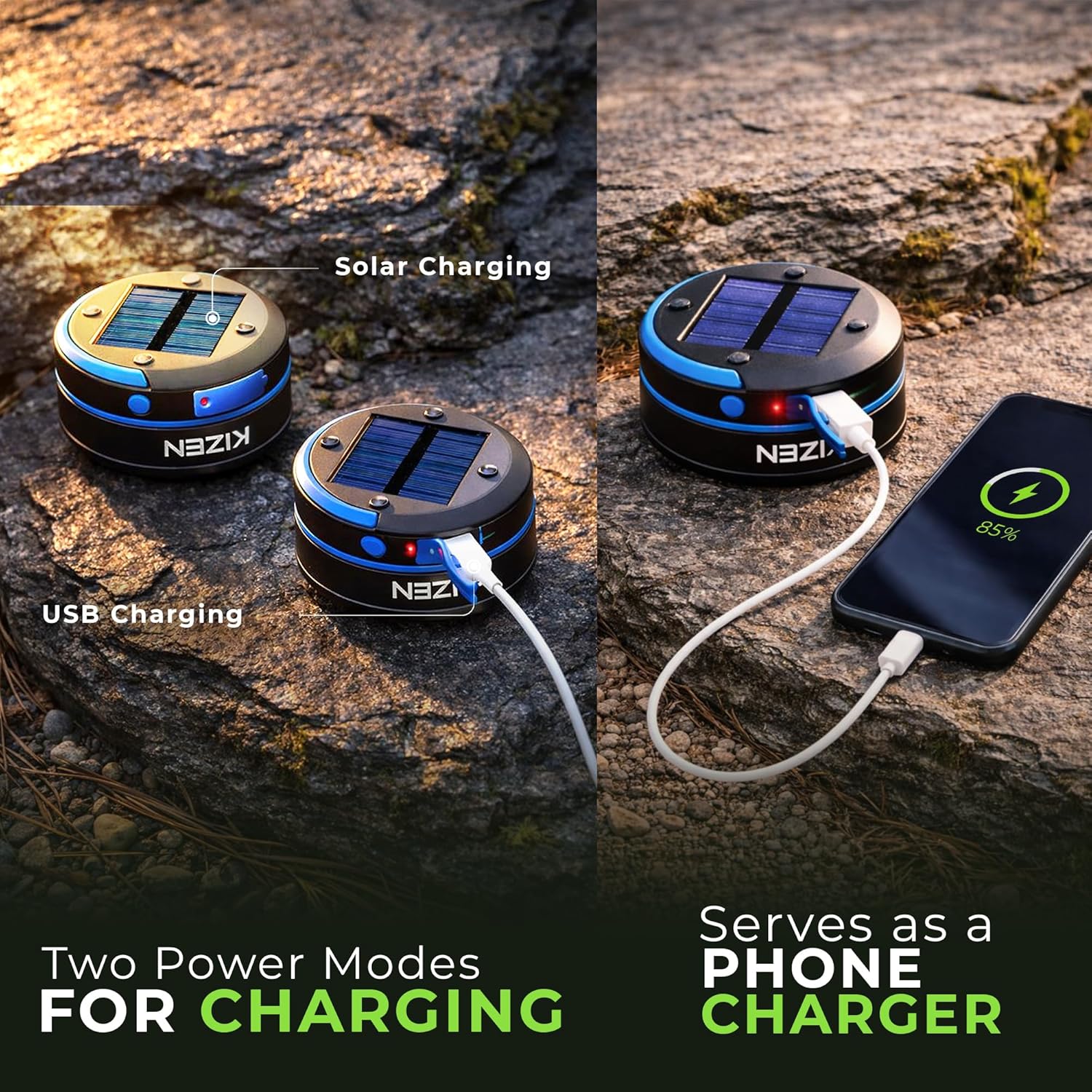 Dual Charging Options: Recharge via USB or Solar, Also Functions as a Portable Phone Charger