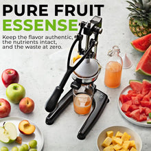 Juicer with fruits and juice on a light background, promoting 'Pure Fruit Essence' product.