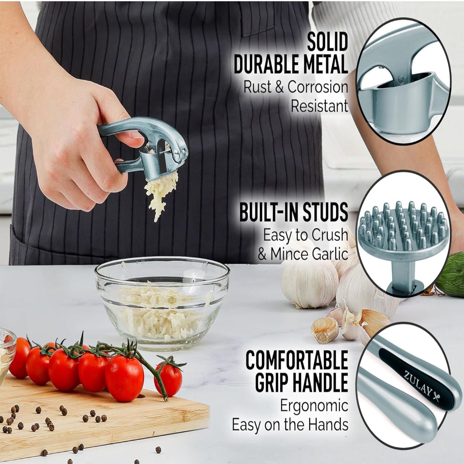 Zulay Kitchen Garlic Press and Peeler Set with Silicone Peeler & Brush, Silver