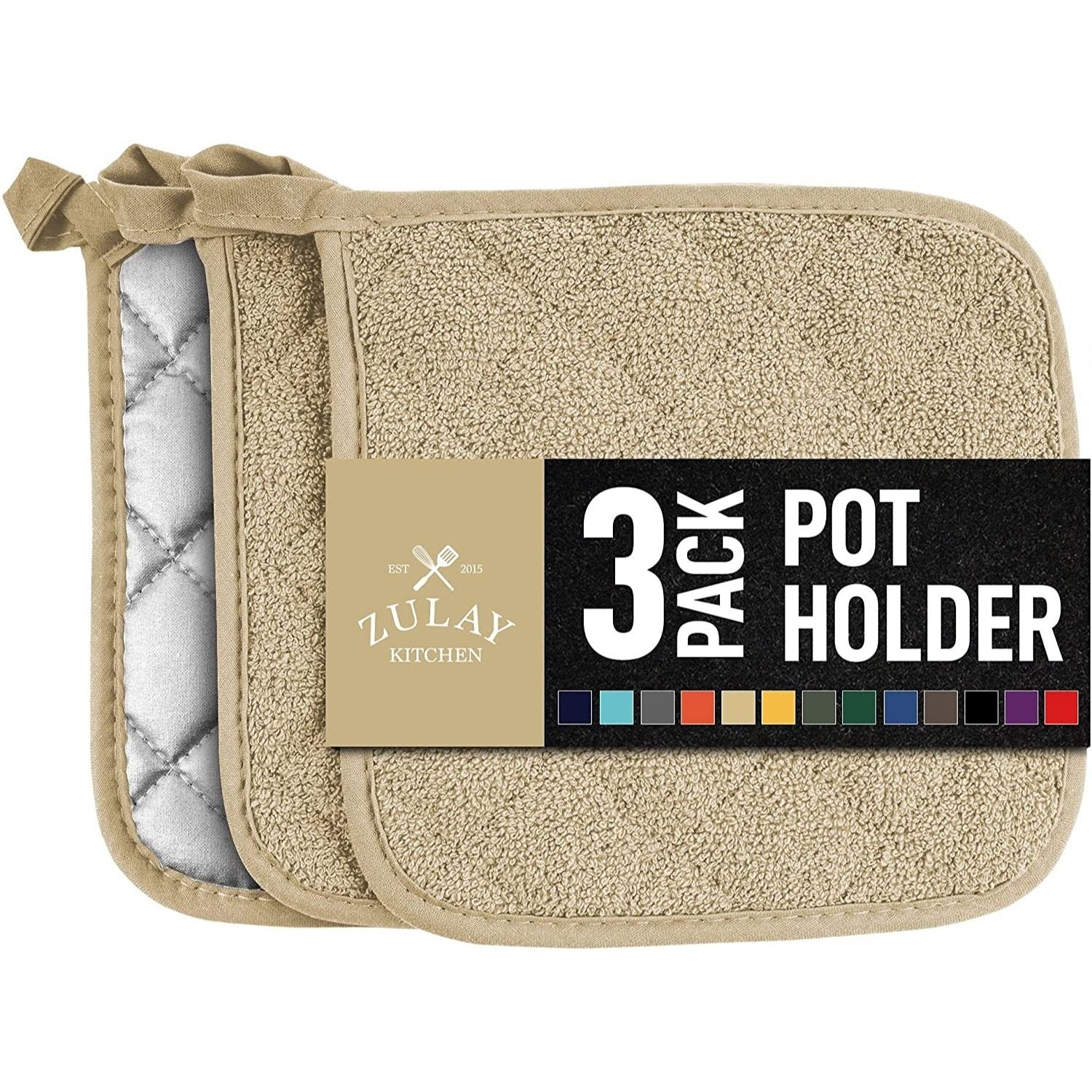 Pot Holders Set - 3 Pack Quilted Terry Cloth Potholders 7x7 Inch