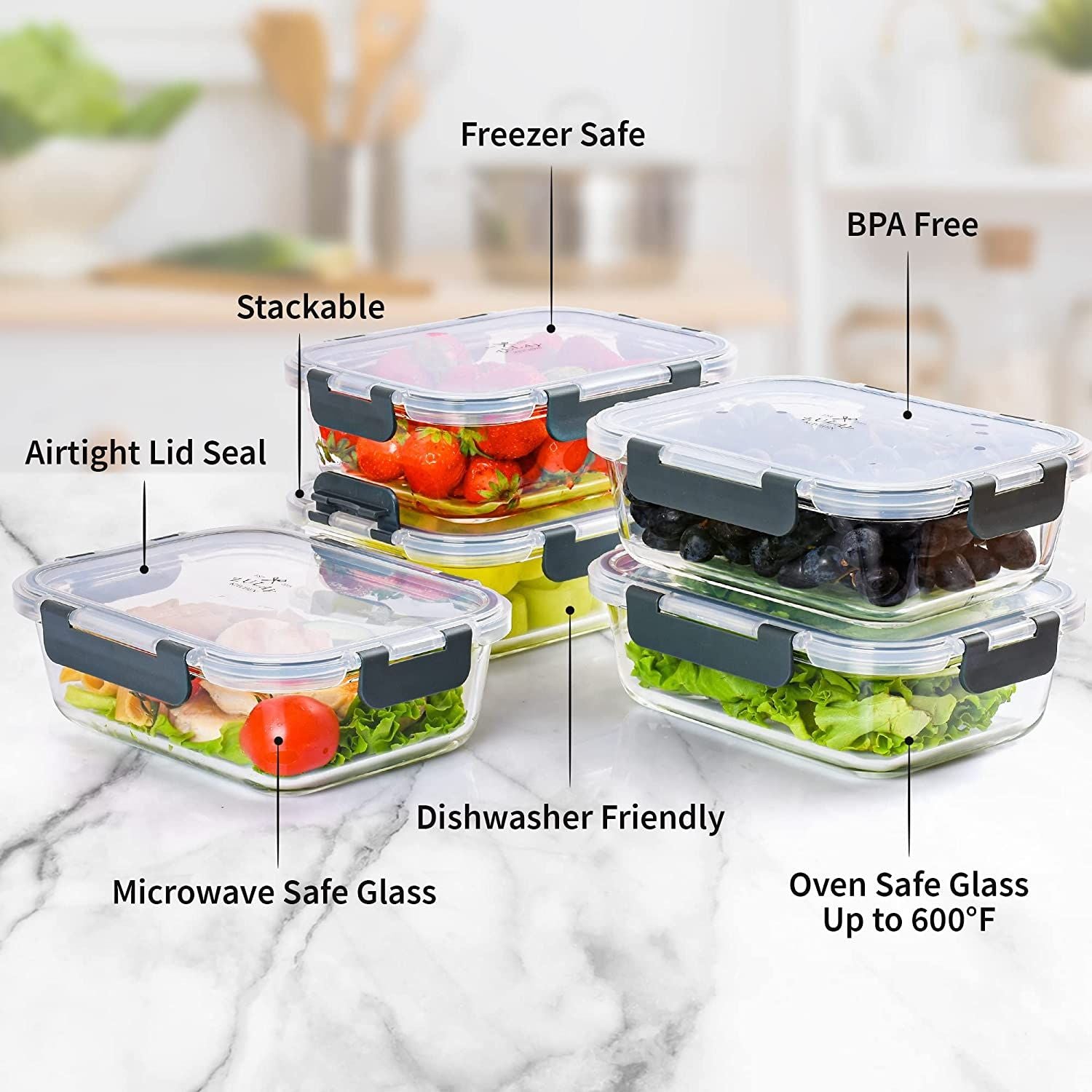 Glass Meal Prep Containers with Lifetime Lasting Snap