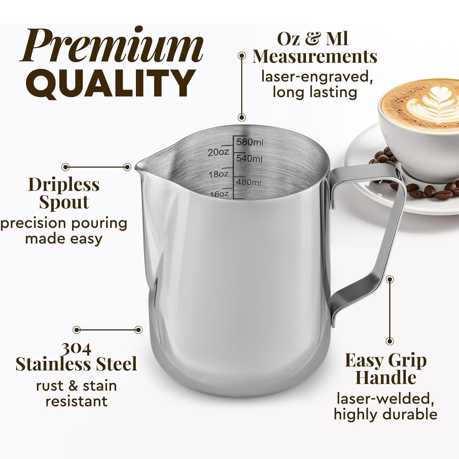 Milk Frothing Pitcher, 20oz/600ml Milk Frother Cup Stainless Steel Jug Steaming Pitcher, Milk Coffee Cappuccino Latte Art Barista Steam Pitchers