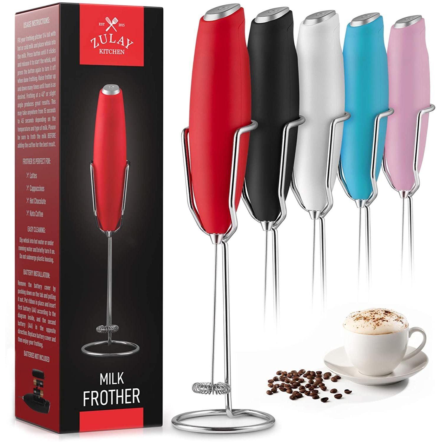 Double Grip Milk Frother for Coffee with Upgraded Holster Stand - Red
