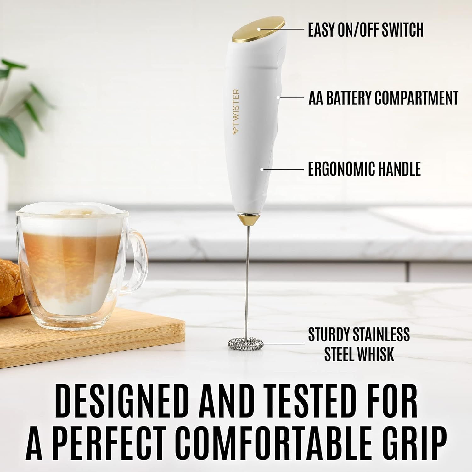 Powerful Twister Milk Frother White/Gold