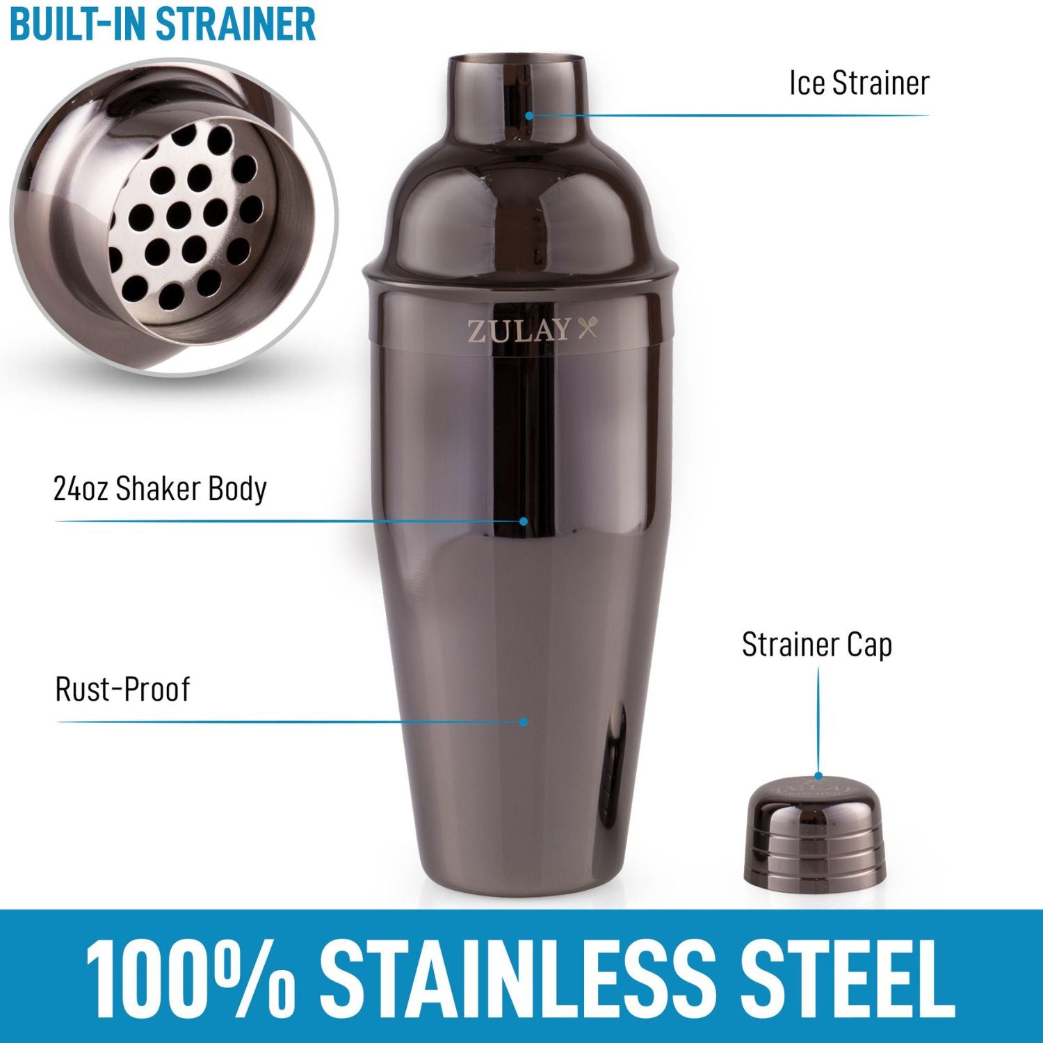 Zulay Kitchen Cocktail Shaker Stainless Steel Drink Mixer with Strainer 24  oz Silver Tumbler 