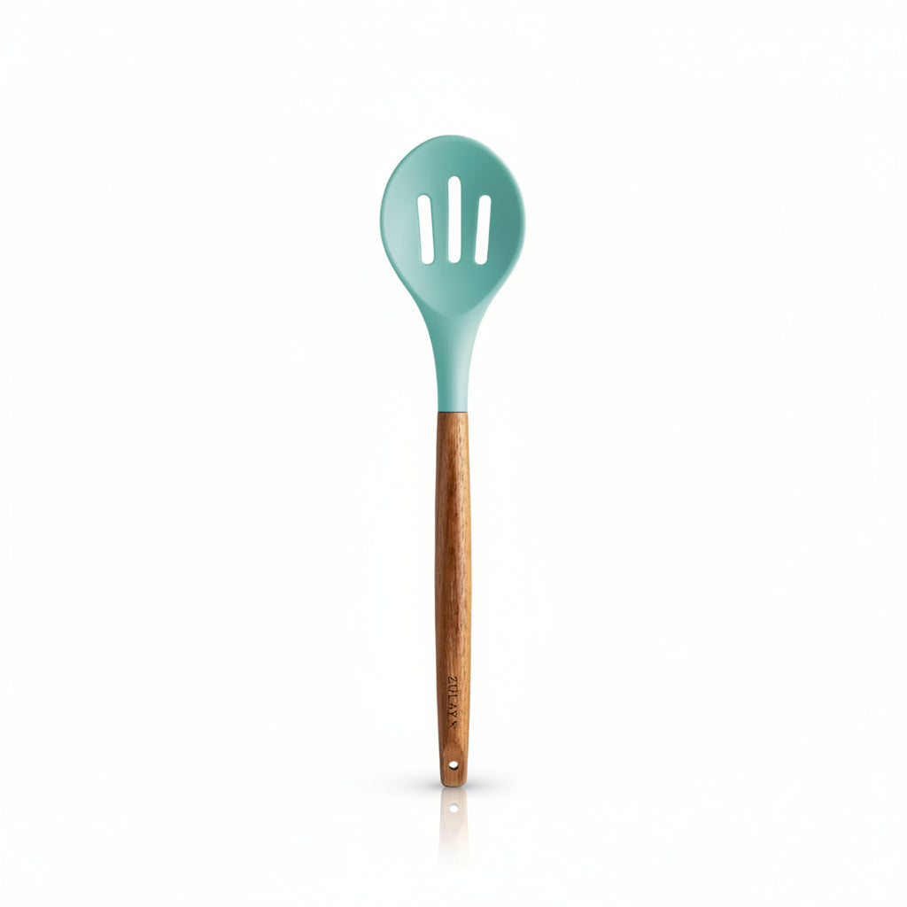 Aqua Slotted Spoon Silicone-Utensils-Set-5-Piece-with-Acacia-Wood-Handles-Zulay_Kitchen