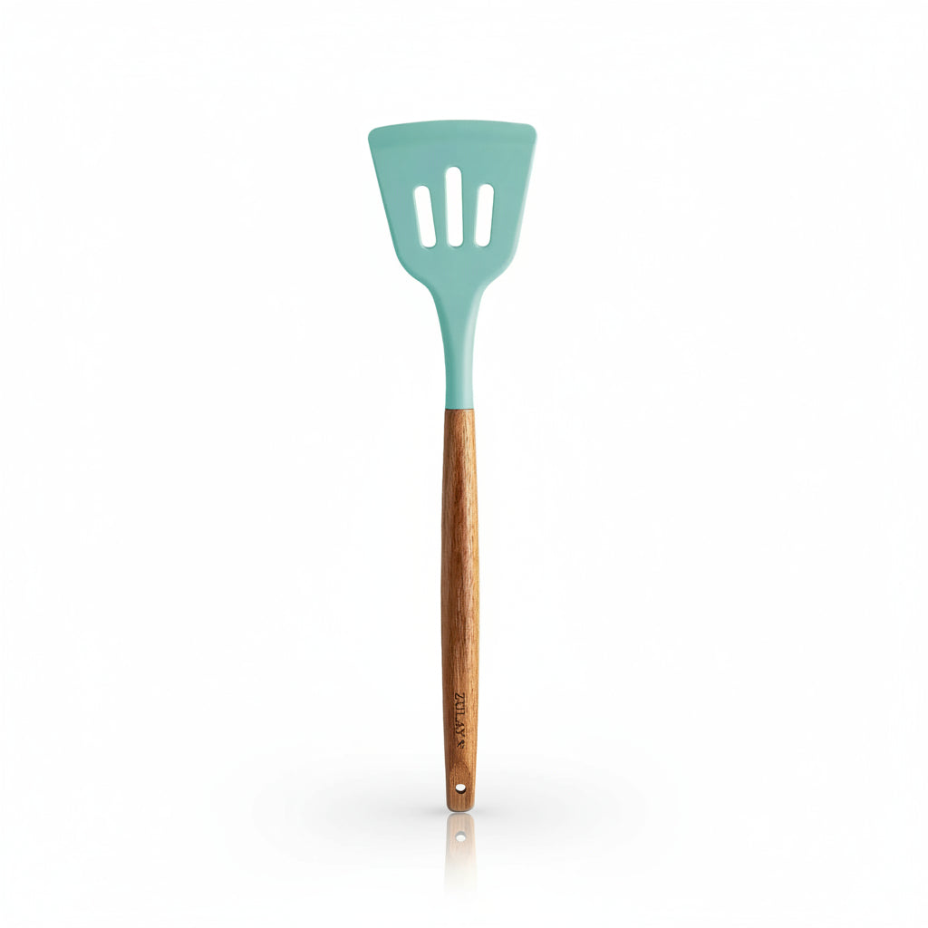 Aqua Slotted Turner Silicone-Utensils-Set-5-Piece-with-Acacia-Wood-Handles-Zulay_Kitchen