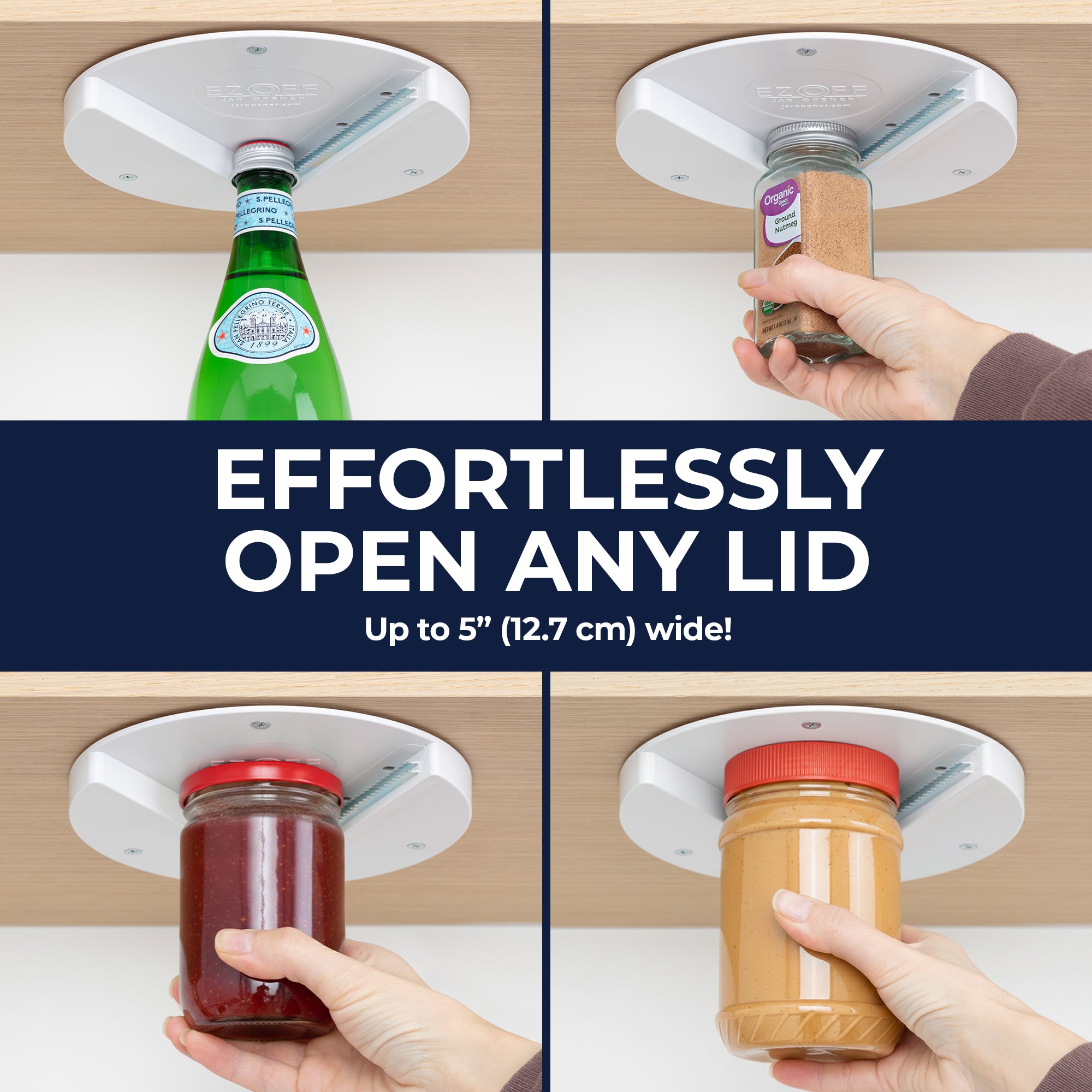 Product showing a jar opener used to open various lids with text 'Effortlessly open any lid' and dimensions.