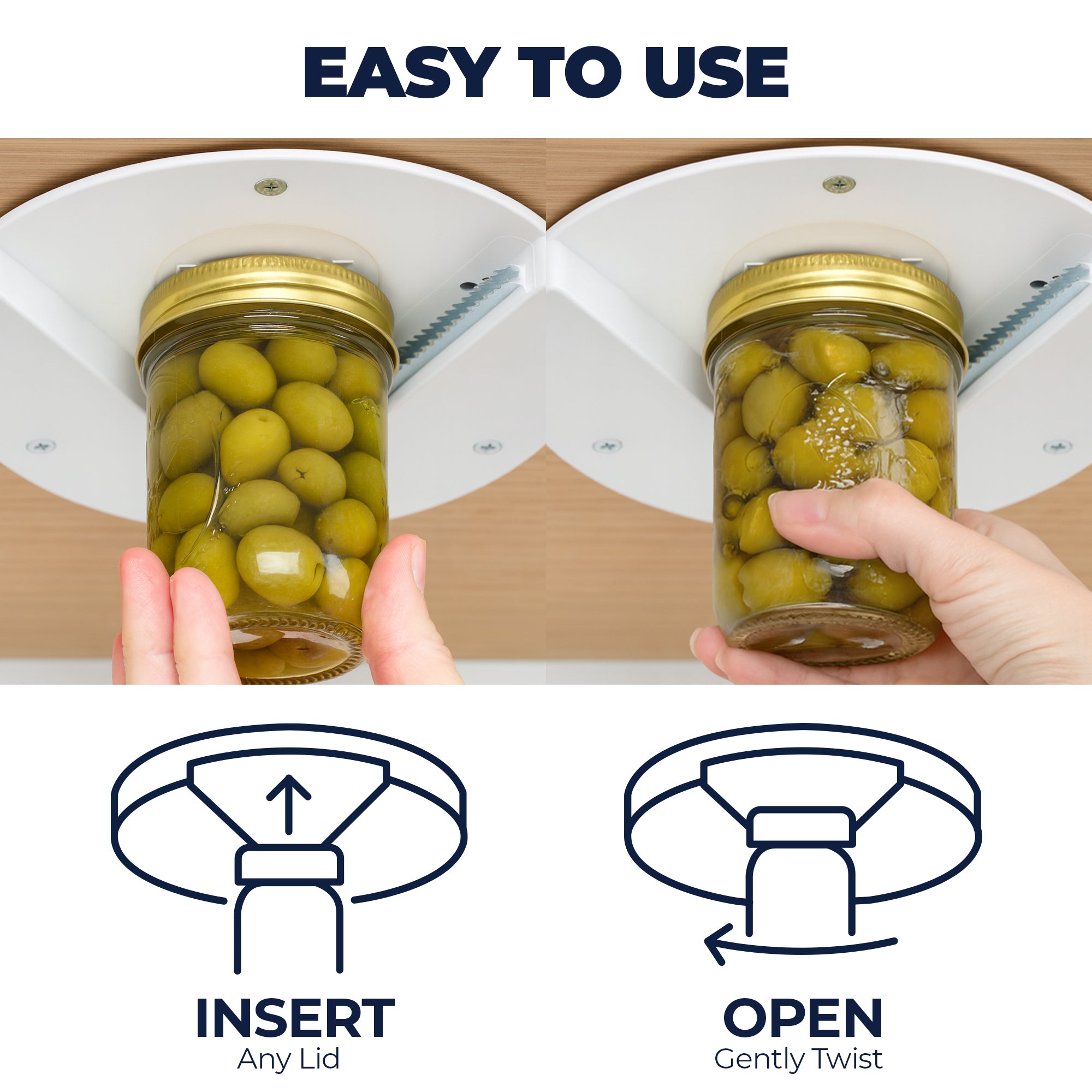 EZ Off Under Cabinet Jar Opener with a jar of green olives, showing how to insert and open a lid.