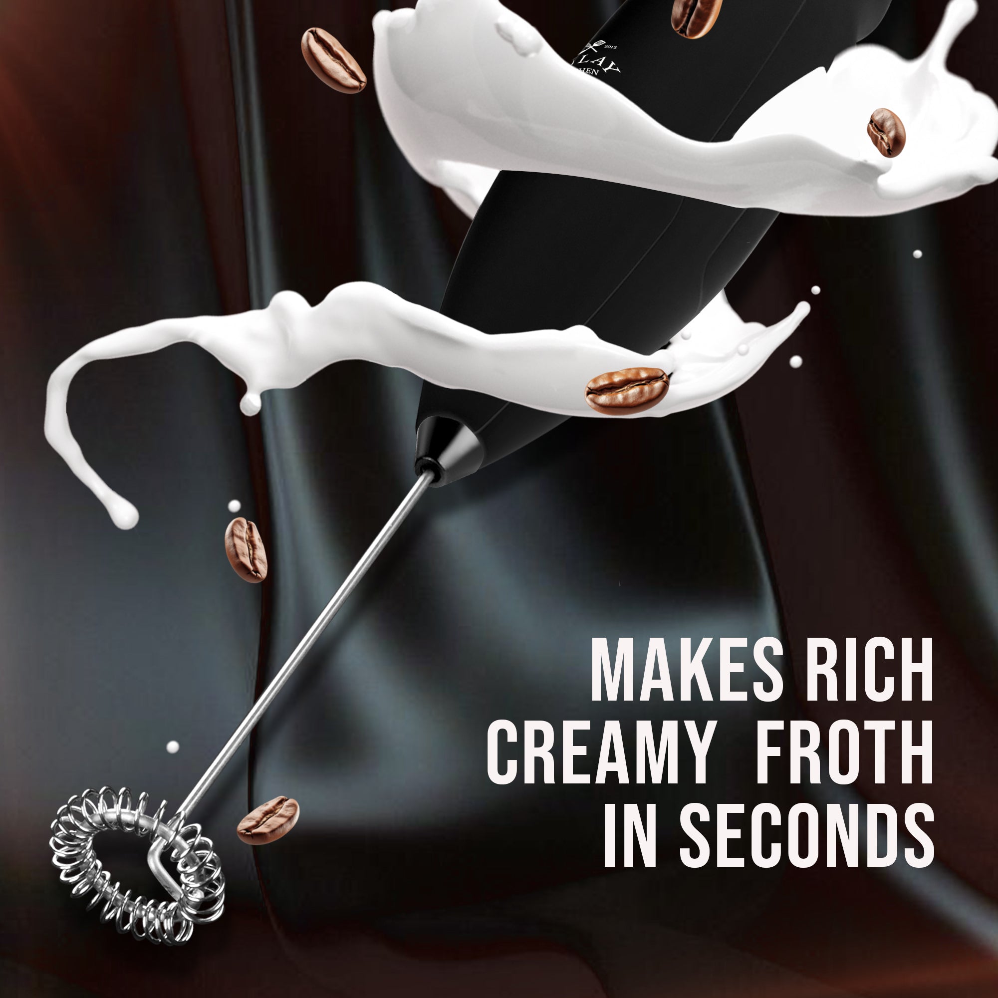 Zulay Kitchen Executive milk frother with whipped cream and coffee beans on a dark background