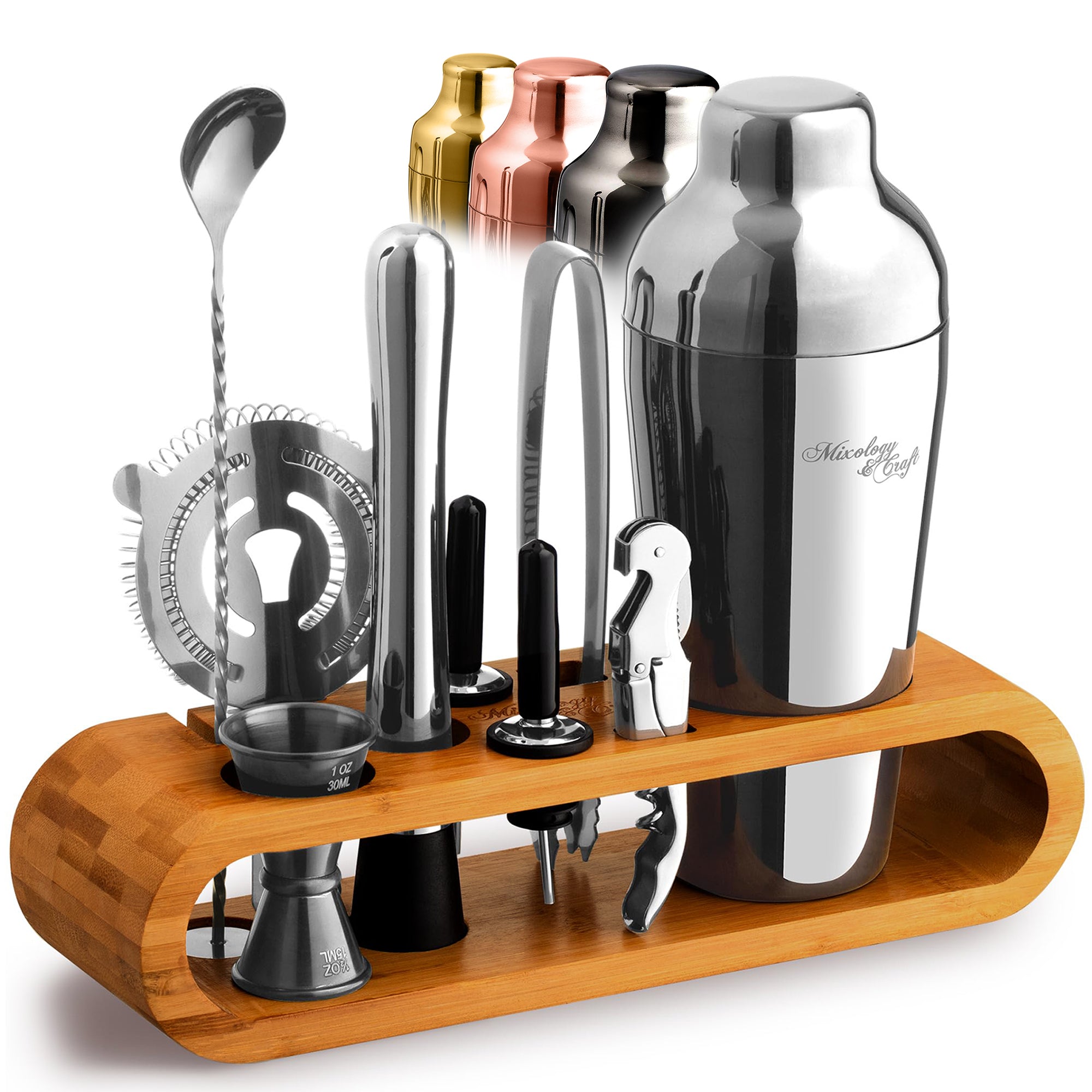 10-Piece Bartender Kit with Oval Bamboo Stand – Silver