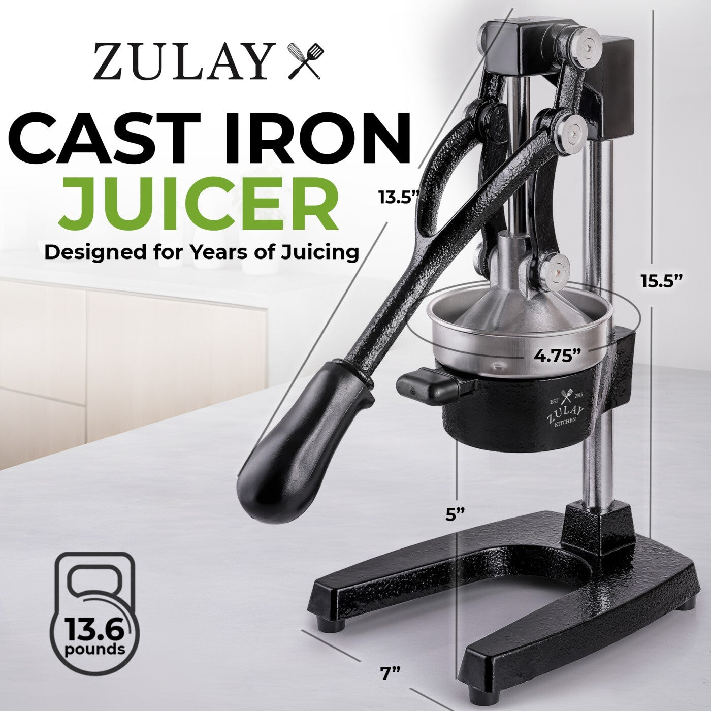 Zulay Kitchen Cast Iron Juicer with dimensions and weight displayed on a white background