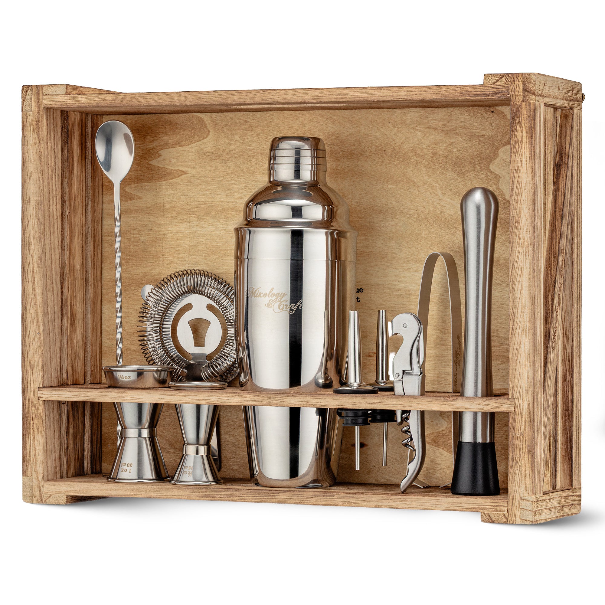 11-Piece Stainless Steel Bartender Kit with Rustic Wood Stand - Silver Finish