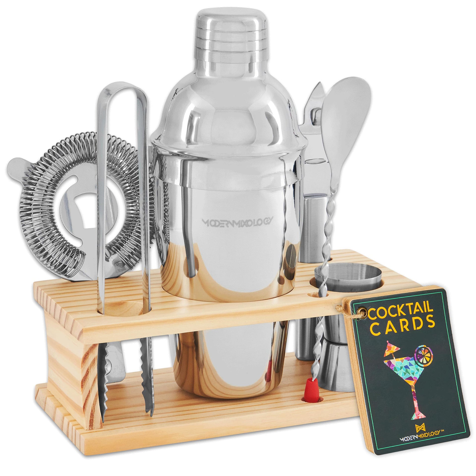 Bartender Kit with Wood Stand | 8-Piece - Silver / Wood Stand