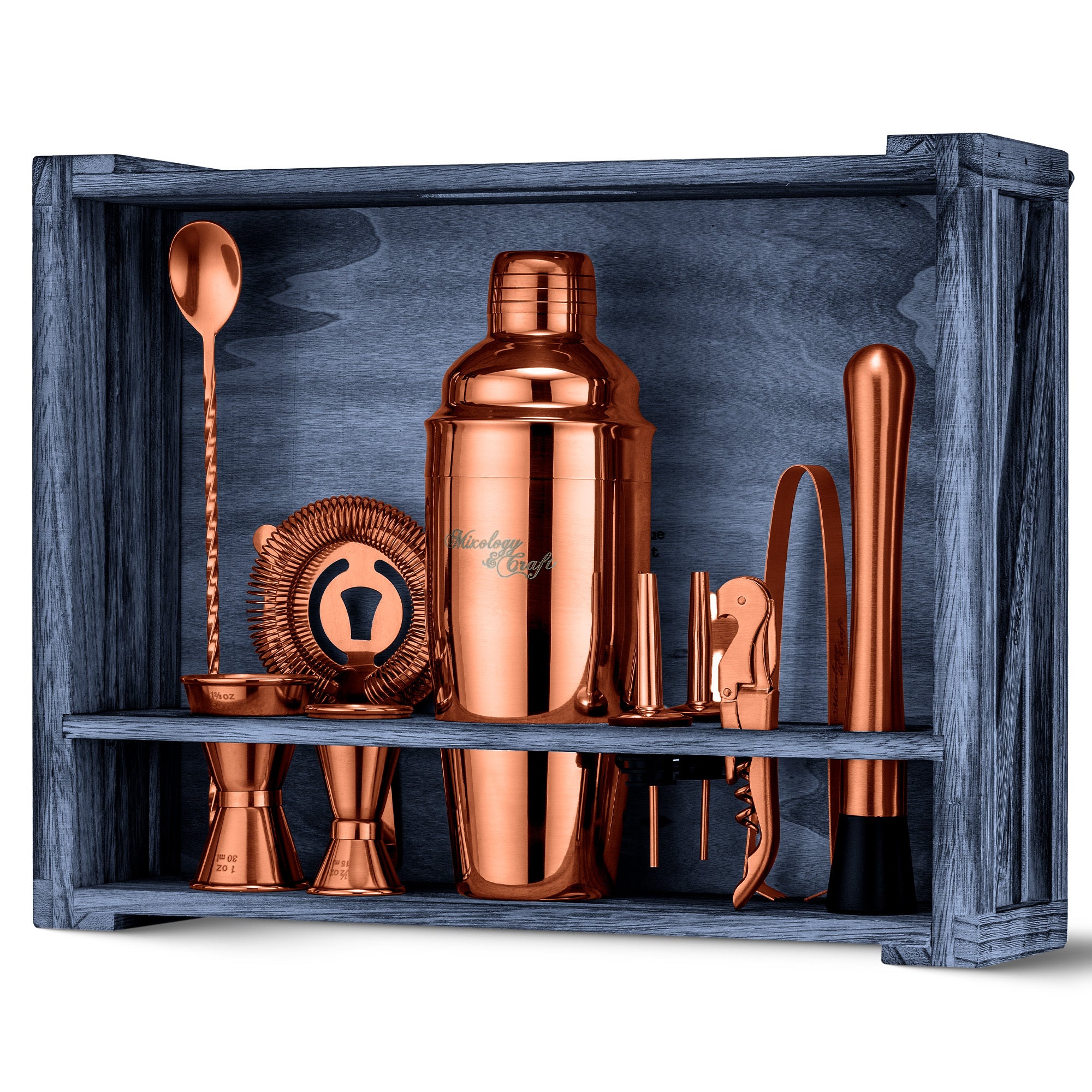 11-Piece Stainless Steel Bartender Kit with Rustic Wood Stand - Copper Finish