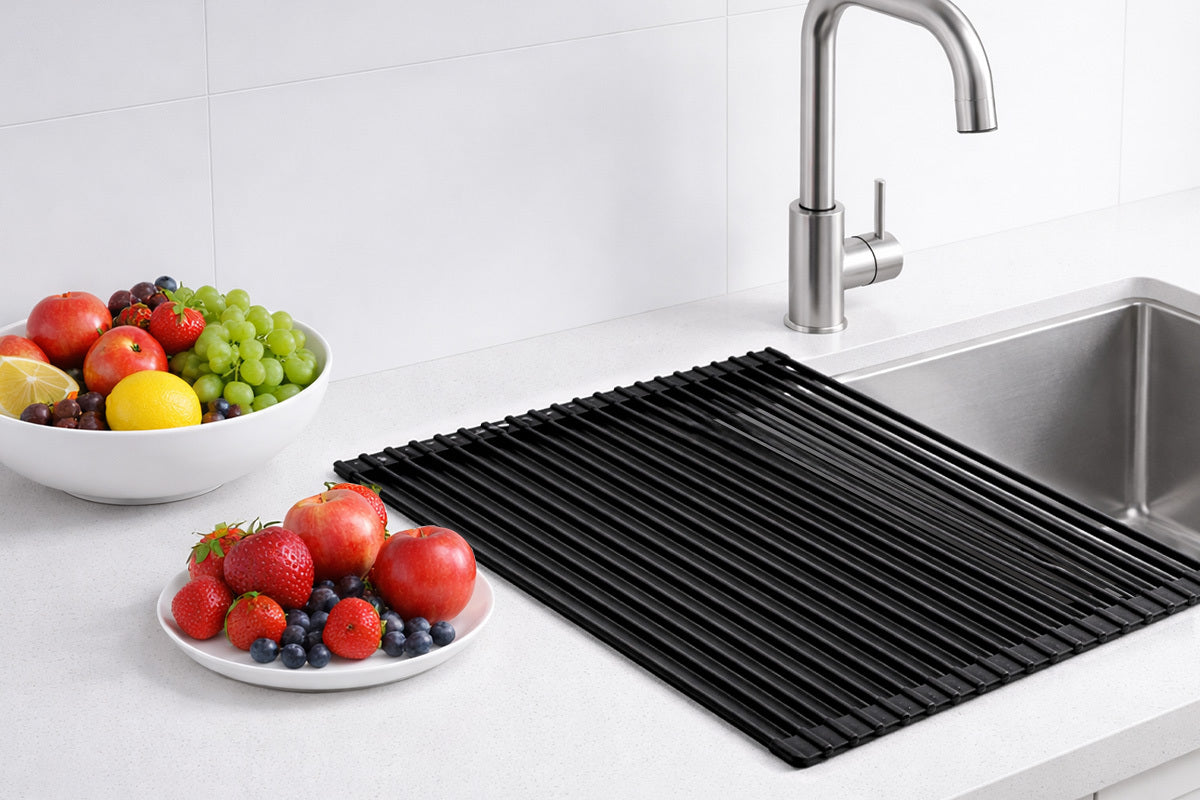 Black kitchen rolling tray on a white countertop with fruits and vegetables.