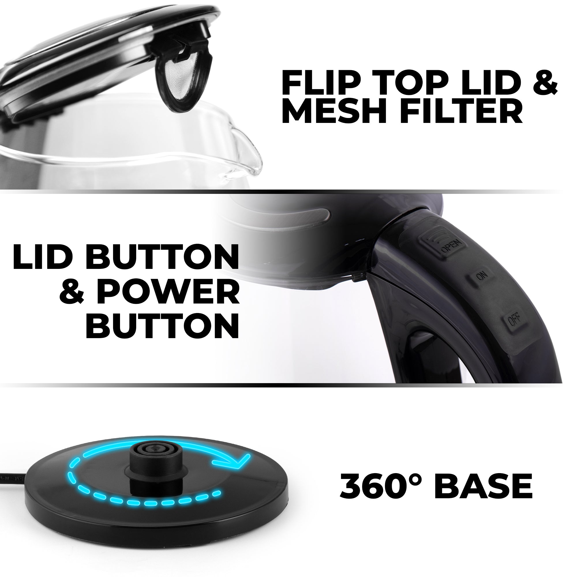 Zulay Kitchen Glass Electric kettle with flip top lid, mesh filter, lid button, power button, and 360-degree base on a white background.
