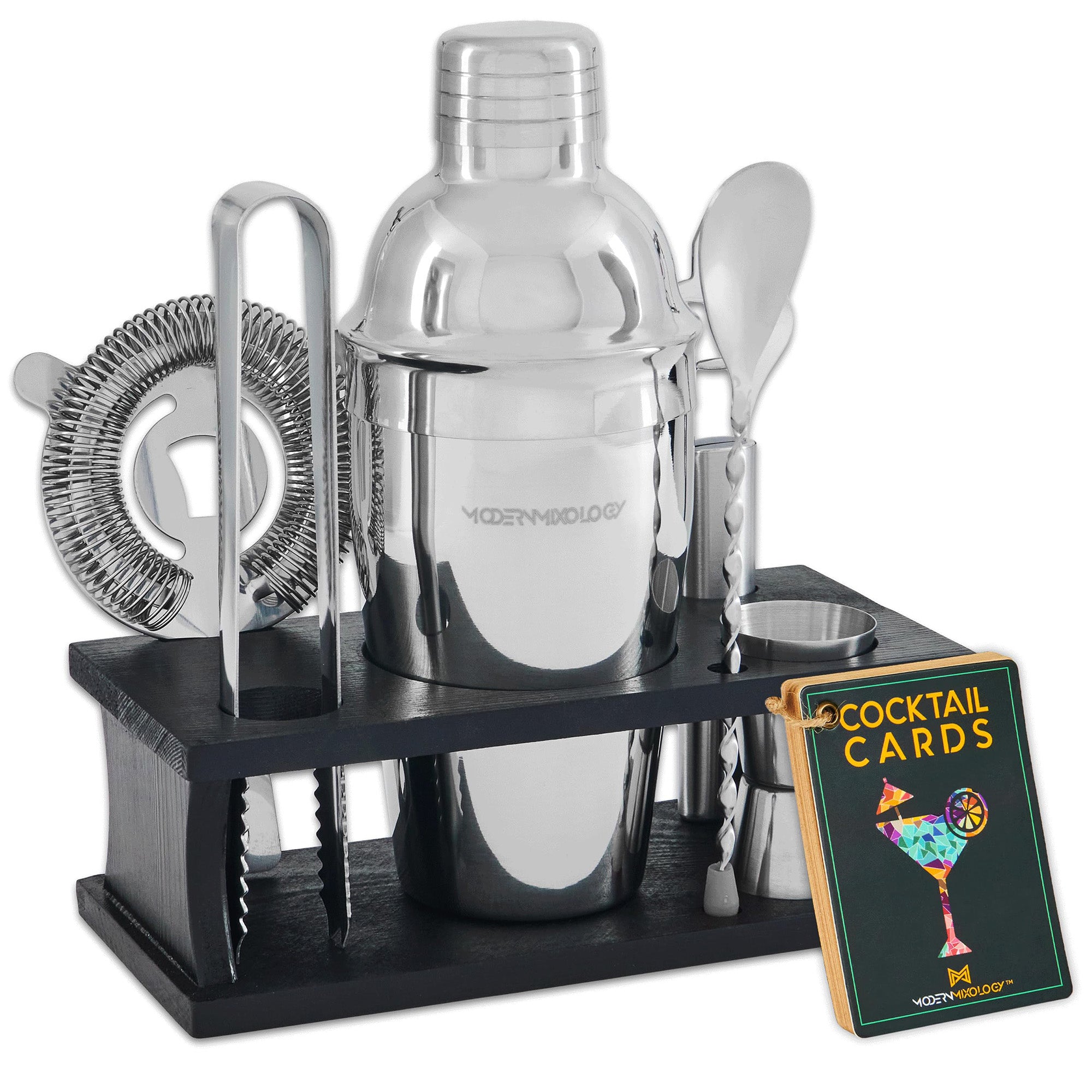 8-Piece Silver Bartender Kit with Black Wood Stand