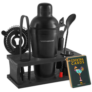 8-Piece Matte Black Bartender Kit with Black Wood Stand