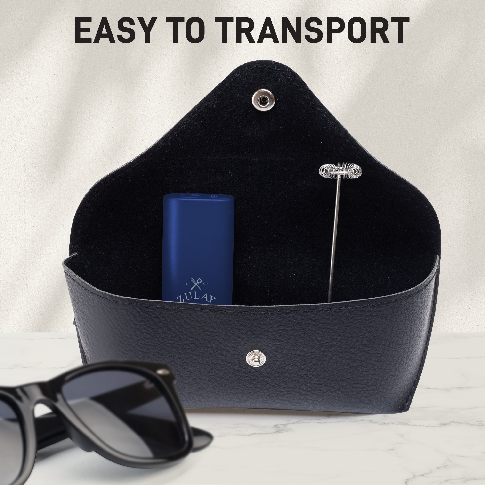 Black leather case with sunglasses and a blue item, text 'EASY TO TRANSPORT' above.