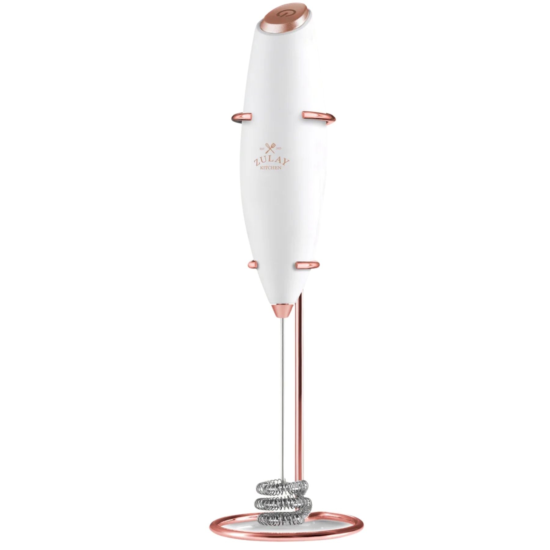Tornado Triple Whisk Milk Frother with Rose Gold Stand & 4 Batteries - Exec White & Rose Gold by Zulay Kitchen