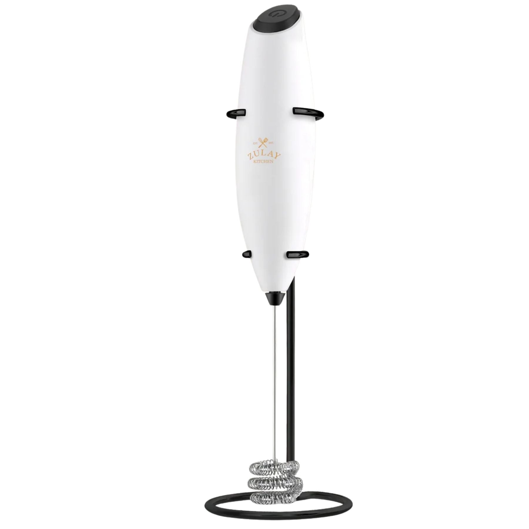Tornado Triple Whisk Milk Frother with Black Stand & 4 Batteries - Exec White & Black by Zulay Kitchen