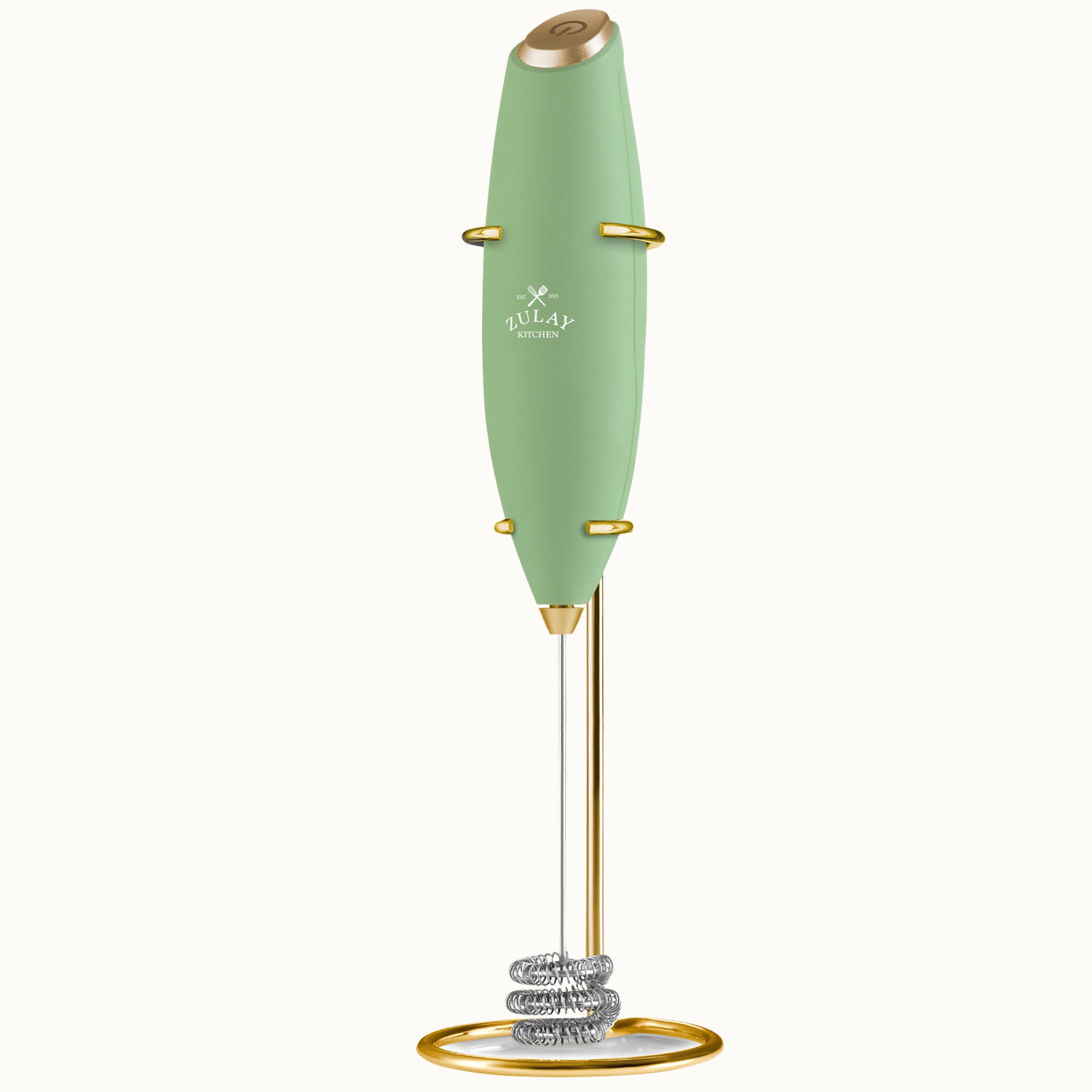 Tornado Triple Whisk Milk Frother with Gold Stand & 4 Batteries - Forest & Gold by Zulay Kitchen