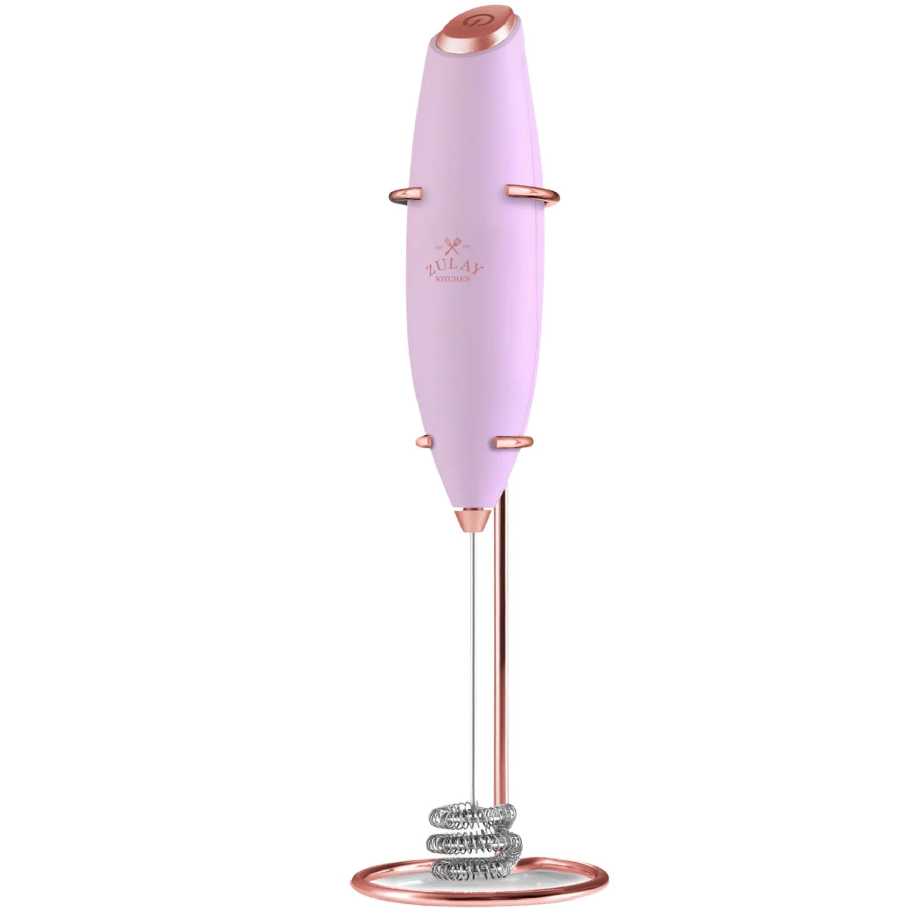 Tornado Triple Whisk Milk Frother with Rose Gold Stand & 4 Batteries - Lilac & Rose Gold by Zulay Kitchen