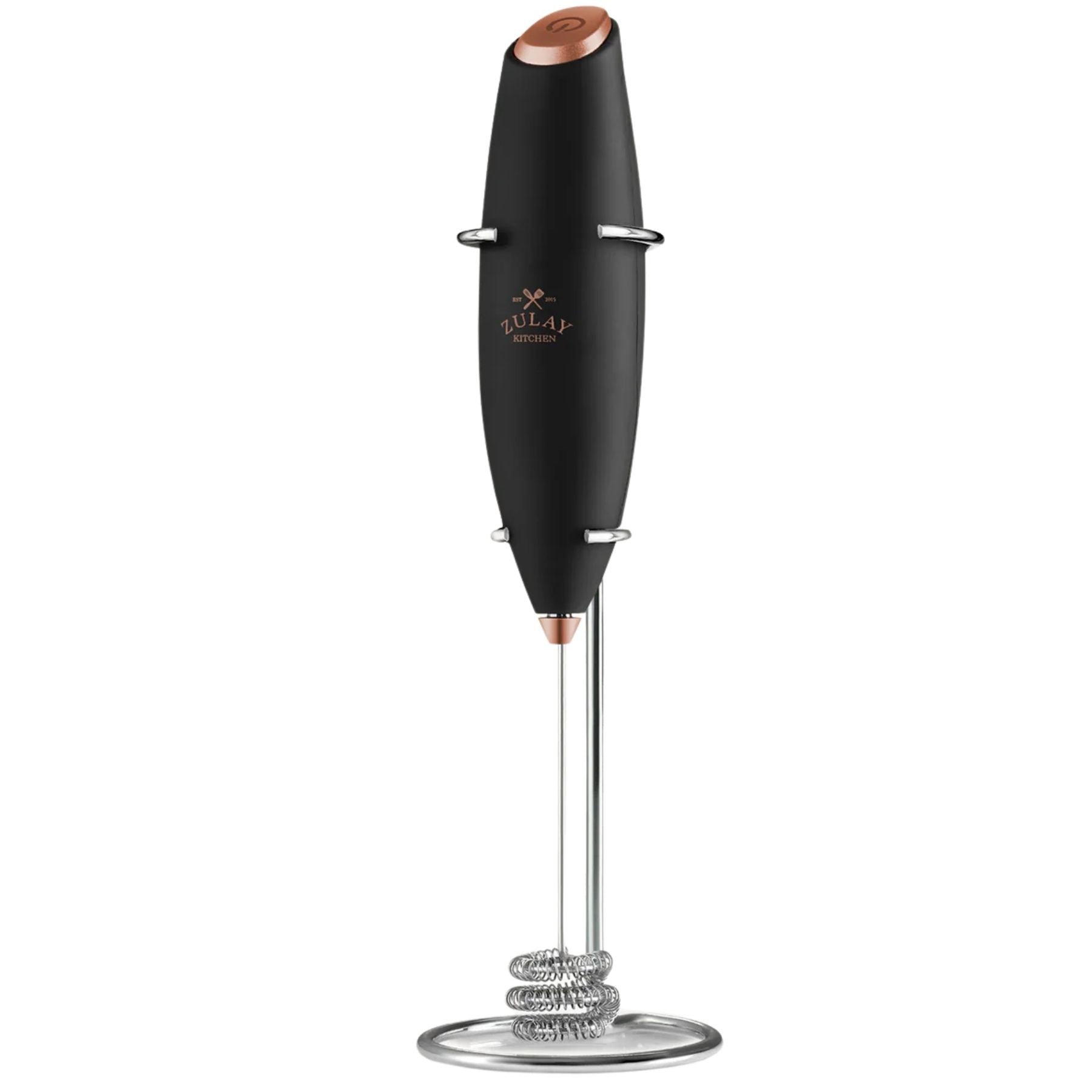Tornado Triple Whisk Milk Frother with Stand & 4 Batteries - Black Copper by Zulay Kitchen