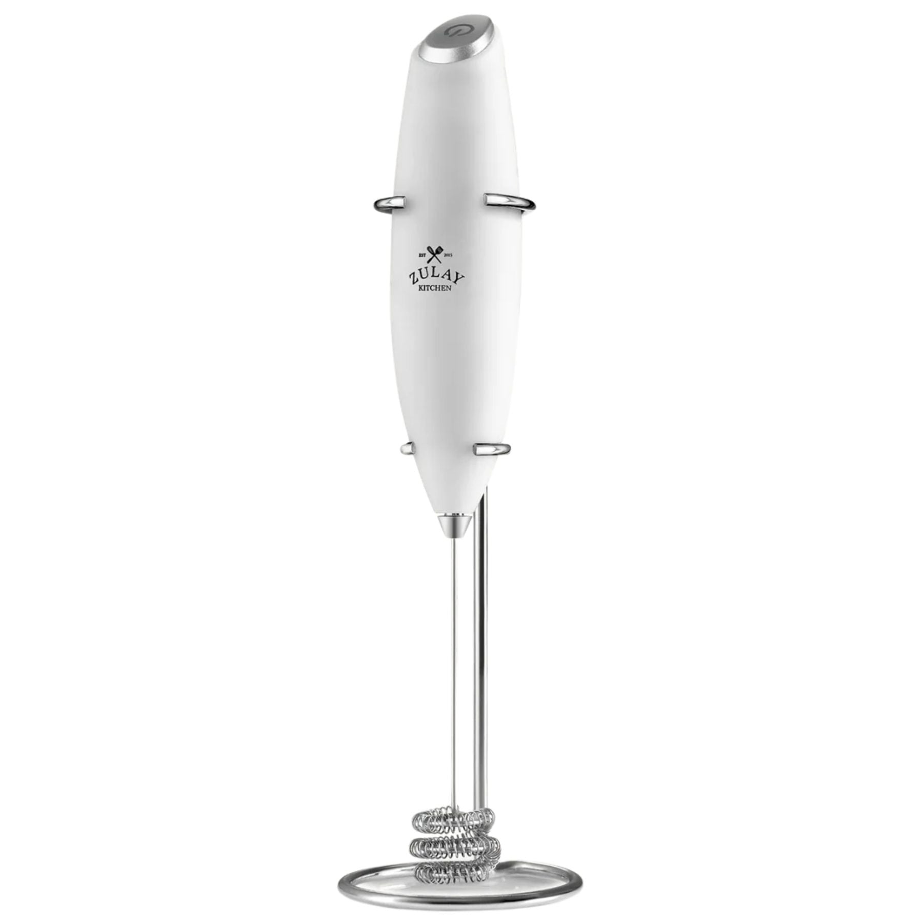 Tornado Triple Whisk Milk Frother with Stand & 4 Batteries - White by Zulay Kitchen