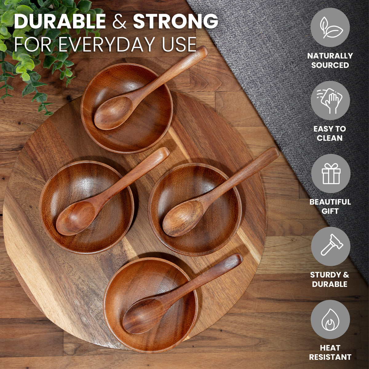 Teak Wood 8 Piece Dipping Bowls with Spoons Set