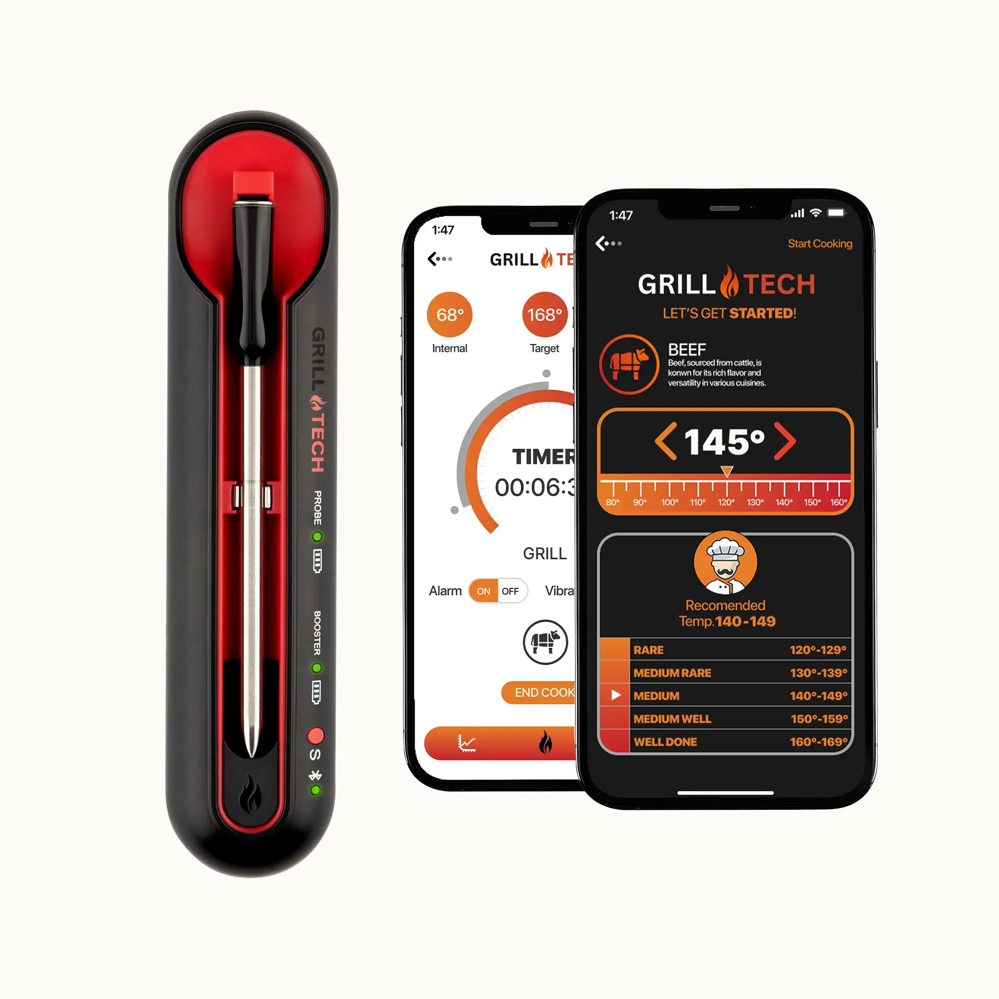 Grill thermometer with smartphone displaying Grill Tech app on a white background