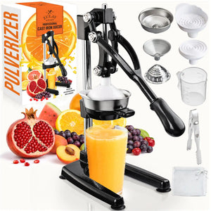 Manual juicer with fruits and accessories on a white background