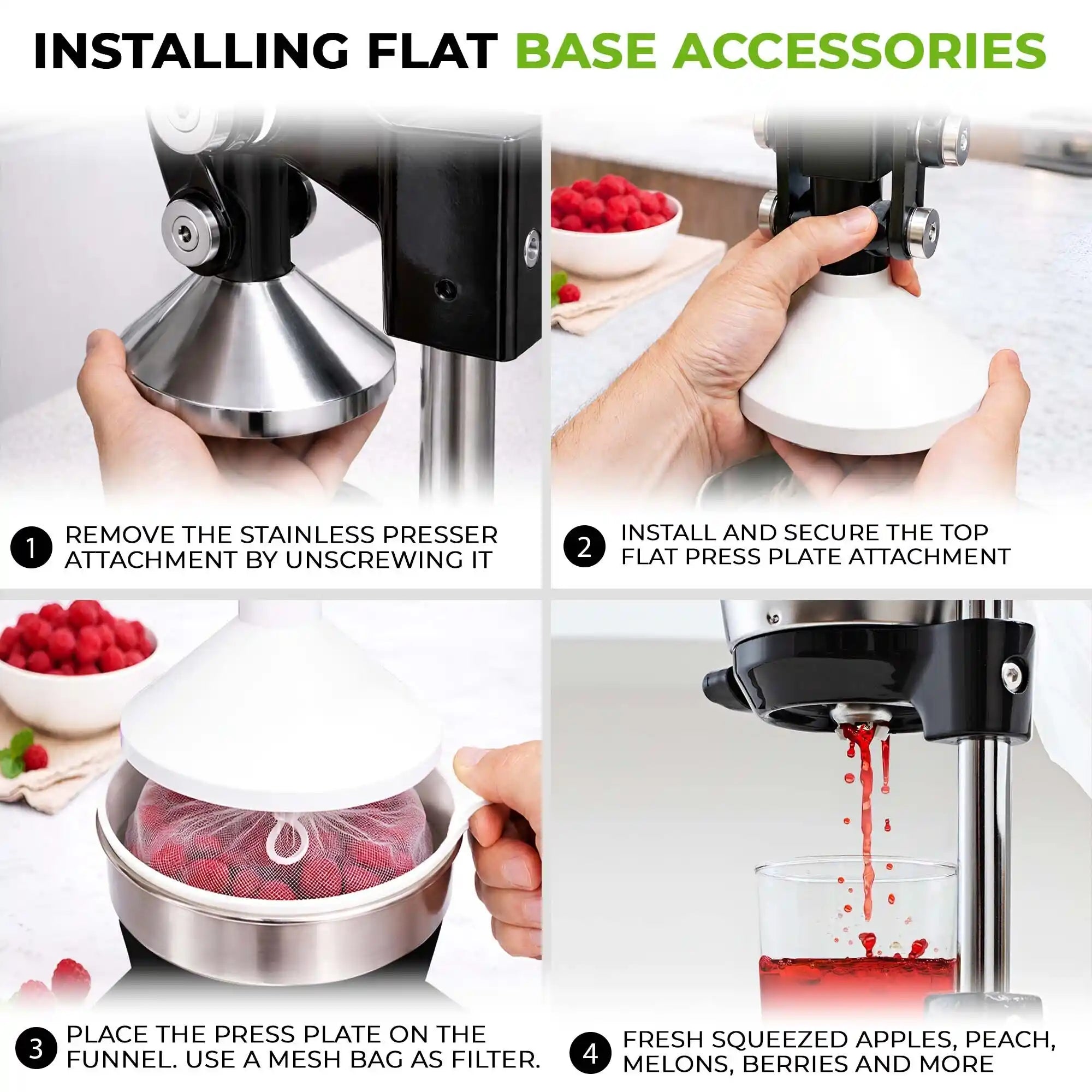 Step-by-step guide on installing flat base accessories for a juicer with images and text instructions.