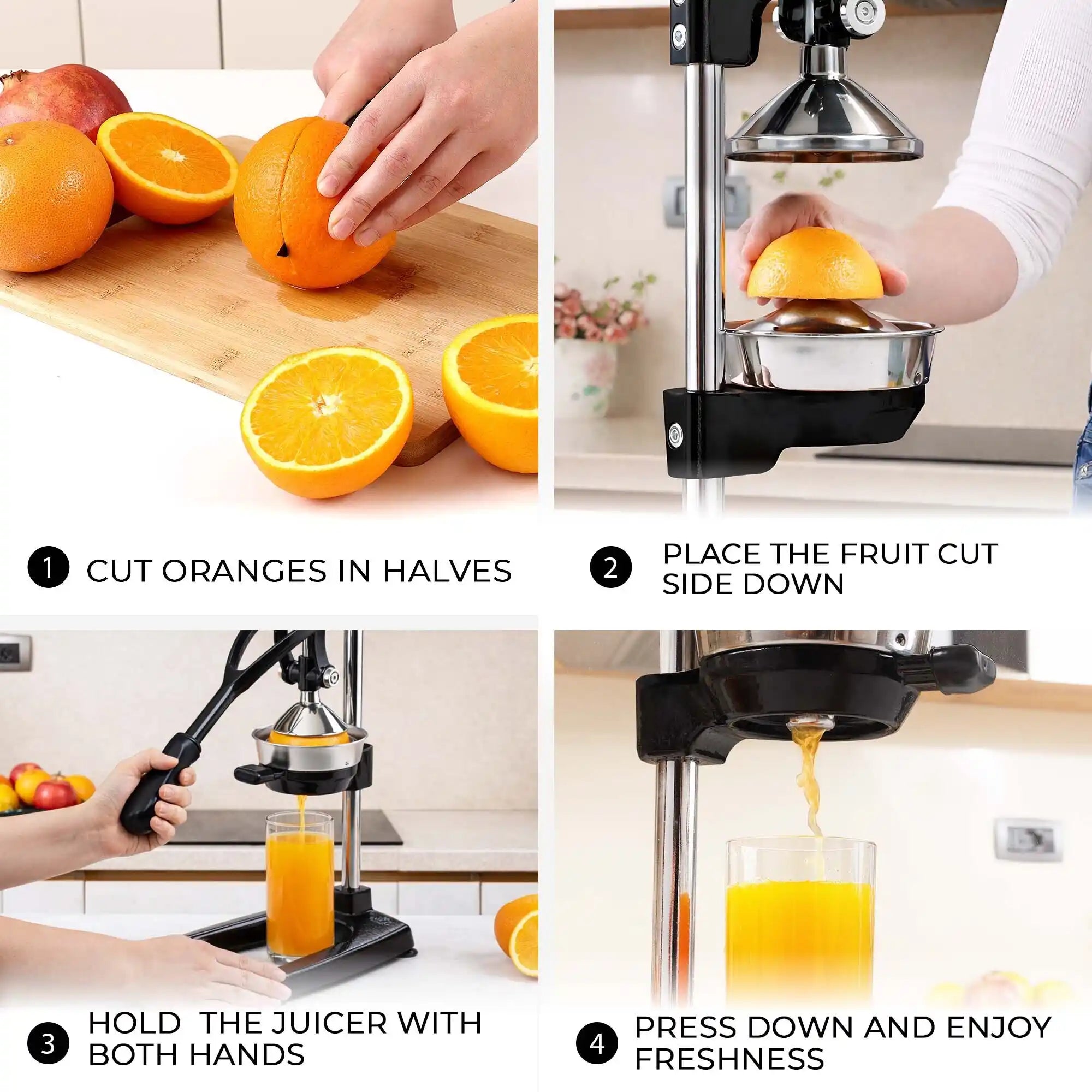 Step-by-step guide on using a manual juicer to extract juice from oranges.
