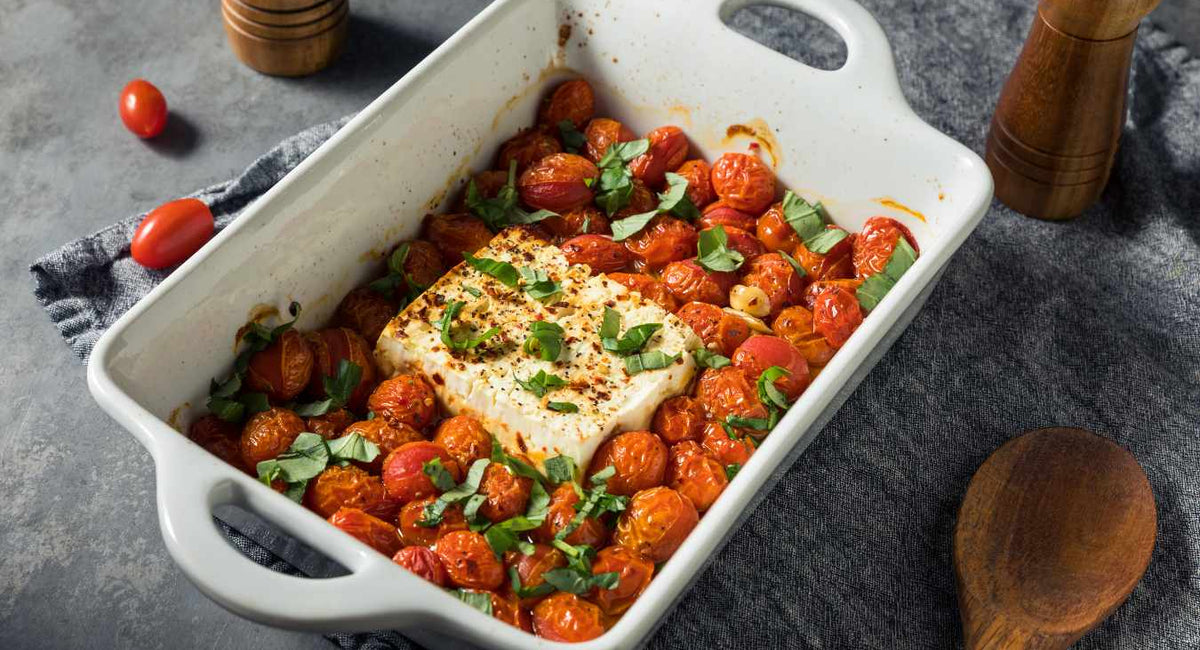 A pan of Baked Feta Pasta (Summer Version) 
