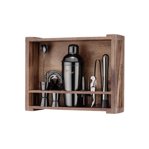 11-Piece Stainless Steel Bartender Kit with Rustic Wood Stand - Gun Metal Finish